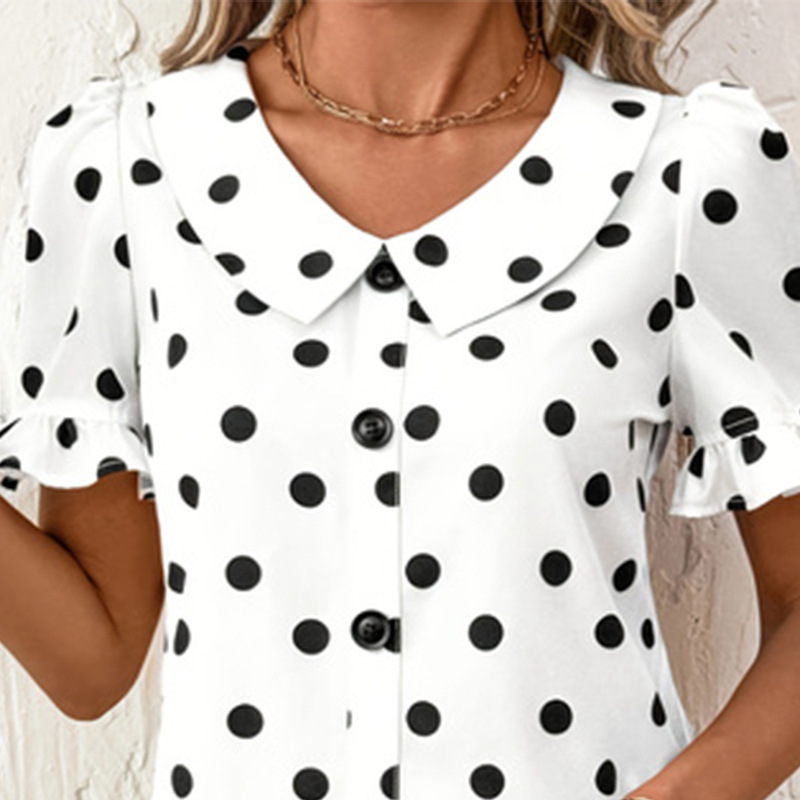 Fodros sifon ing Női rövid ujjú 2025-ös nyári új felső babagallérral édes lányos pöttyös ing