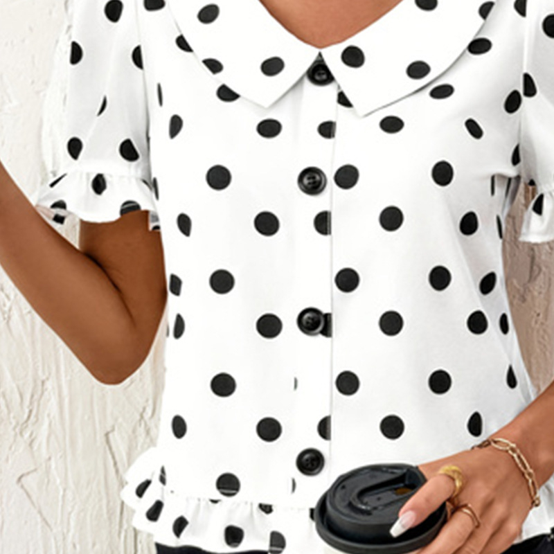 Fodros sifon ing Női rövid ujjú 2025-ös nyári új felső babagallérral édes lányos pöttyös ing