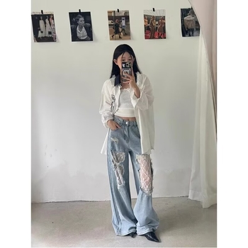 Amerikai retro csipkés farmernadrág nőknek 2025 új, lezser, sokoldalú, szaggatott, egyenes, bő szárú nadrág határokon átnyúló kivitelben