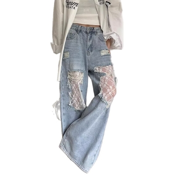 Amerikai retro csipkés farmernadrág nőknek 2025 új, lezser, sokoldalú, szaggatott, egyenes, bő szárú nadrág határokon átnyúló kivitelben