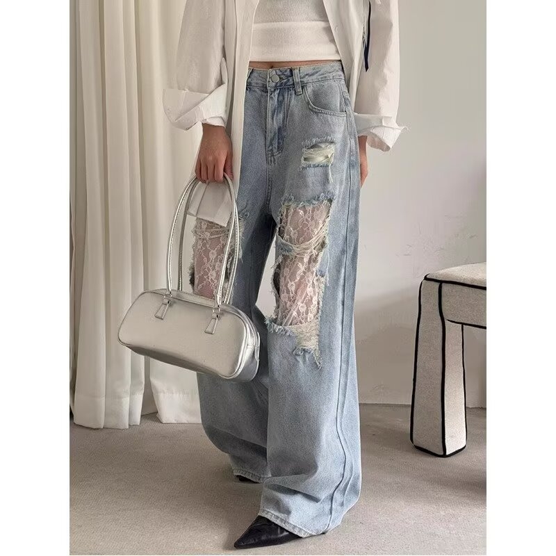 Amerikai retro csipkés farmernadrág nőknek 2025 új, lezser, sokoldalú, szaggatott, egyenes, bő szárú nadrág határokon átnyúló kivitelben