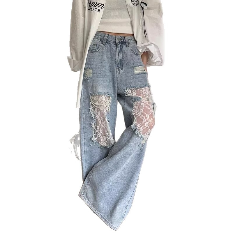 Amerikai retro csipkés farmernadrág nőknek 2025 új, lezser, sokoldalú, szaggatott, egyenes, bő szárú nadrág határokon átnyúló kivitelben