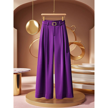 Есенни и зимни панталони с права талия с допамин, малки размери, най-лесни за съчетаване, свободни лилави панталони с широки крачоли за жени