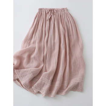 Vintage Καλλιτεχνική Φούστα Ραμί Μίντι για Γυναικεία, Καλοκαιρινό Λεπτό Στυλ, Μικρή Κομψή Κεντημένη Ελαστική Μέση Διπλής Επίστρωσης από Βαμβάκι-Λινό Μακριά Φούστα