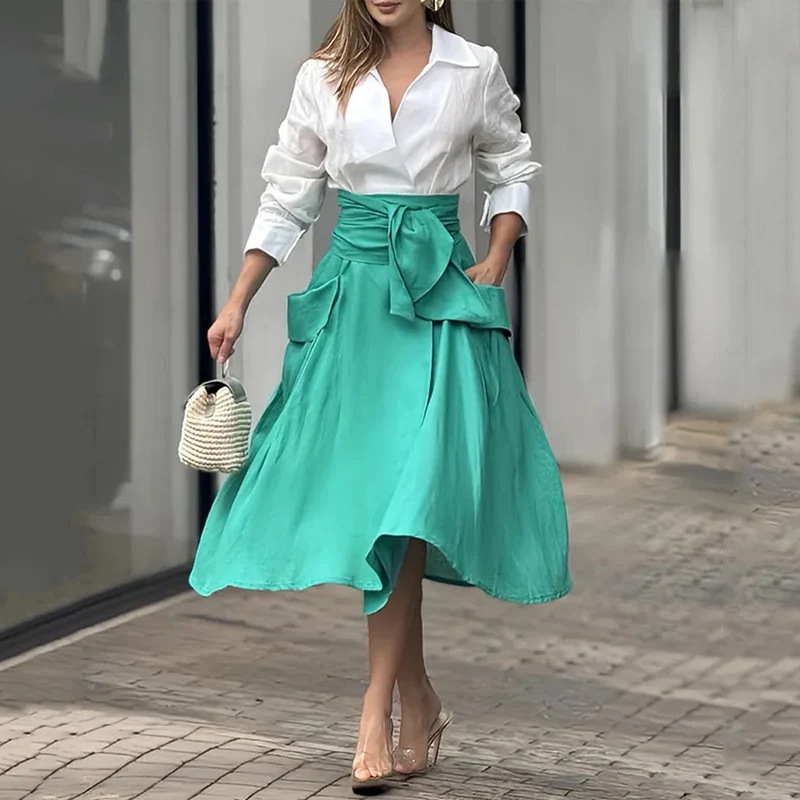 2024 őszi új európai és amerikai Amazon határokon átnyúló egyszínű vékony ing, magas derekú, fűzős, vékony szoknya kosztüm