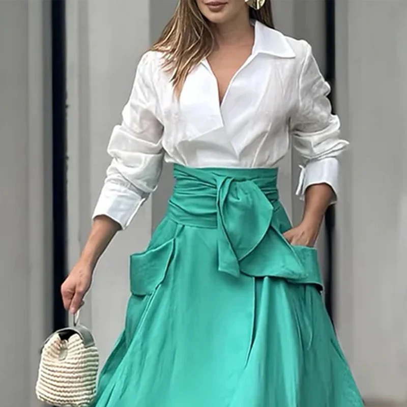 2024 őszi új európai és amerikai Amazon határokon átnyúló egyszínű vékony ing, magas derekú, fűzős, vékony szoknya kosztüm