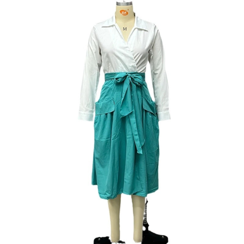 2024 őszi új európai és amerikai Amazon határokon átnyúló egyszínű vékony ing, magas derekú, fűzős, vékony szoknya kosztüm