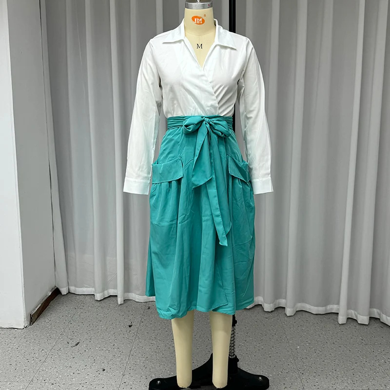 2024 őszi új európai és amerikai Amazon határokon átnyúló egyszínű vékony ing, magas derekú, fűzős, vékony szoknya kosztüm