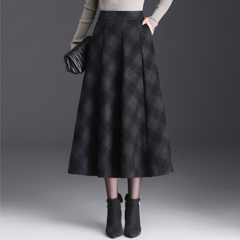 Elegáns kockás gyapjúszoknya nőknek, 2024 őszi és téli új, magas derekú, A-vonalú szoknya, középhosszú, lenge szoknya széles szegéllyel
