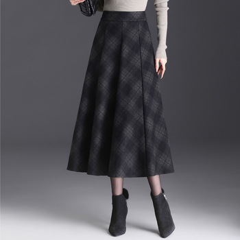 Κομψή καρό μάλλινη φούστα για γυναίκες, Φθινόπωρο και Χειμώνας 2024 Νέα ψηλόμεση φούστα σε γραμμή Α, μεσαίου μήκους ριχτή φούστα με μεγάλο στρίφωμα