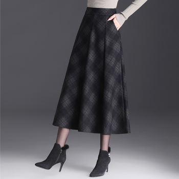Κομψή καρό μάλλινη φούστα για γυναίκες, Φθινόπωρο και Χειμώνας 2024 Νέα ψηλόμεση φούστα σε γραμμή Α, μεσαίου μήκους ριχτή φούστα με μεγάλο στρίφωμα