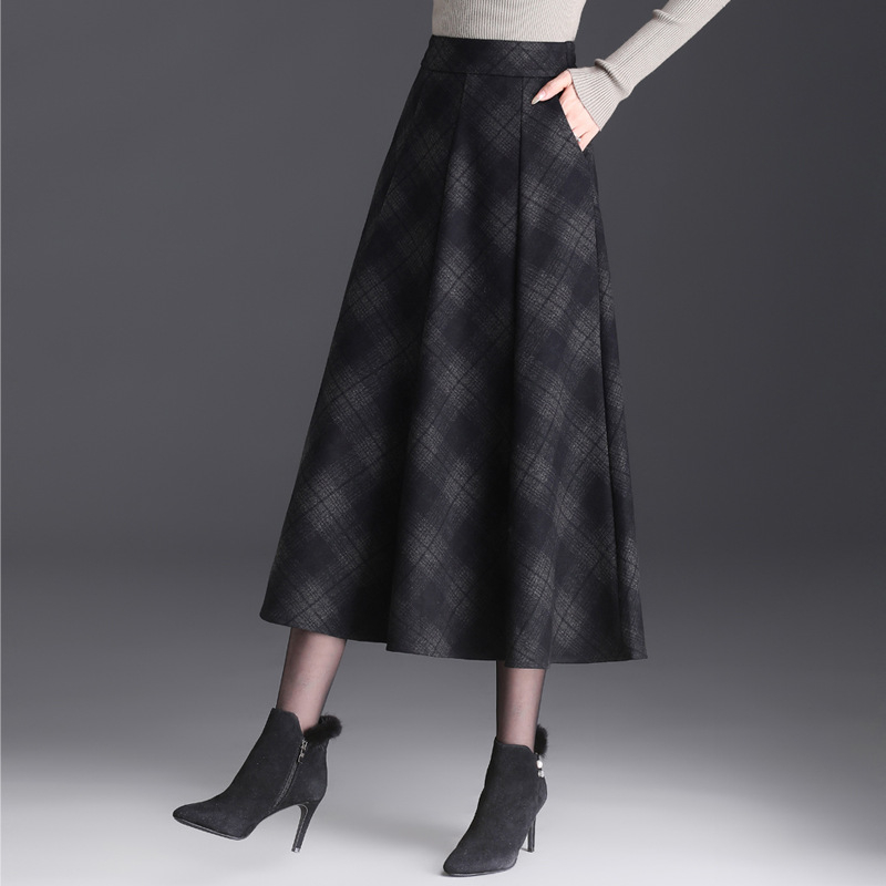 Elegáns kockás gyapjúszoknya nőknek, 2024 őszi és téli új, magas derekú, A-vonalú szoknya, középhosszú, lenge szoknya széles szegéllyel