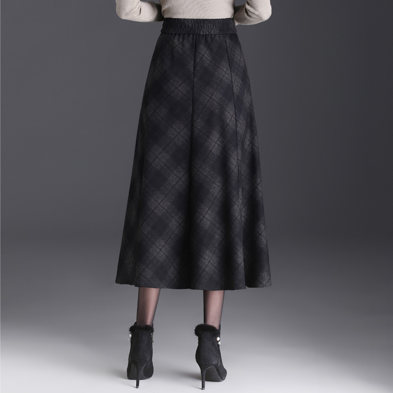Elegáns kockás gyapjúszoknya nőknek, 2024 őszi és téli új, magas derekú, A-vonalú szoknya, középhosszú, lenge szoknya széles szegéllyel