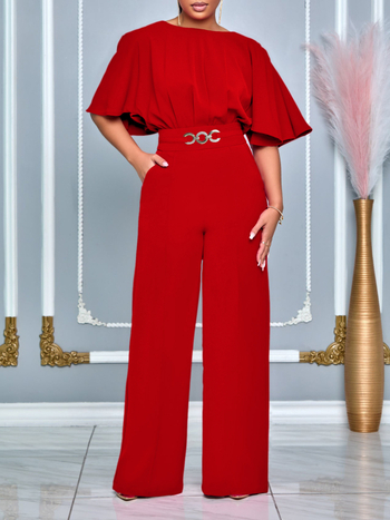 D3276 Női nyári divatos kerek nyakú, egyszínű, magas derekú, bő szárú, plus size nadrág