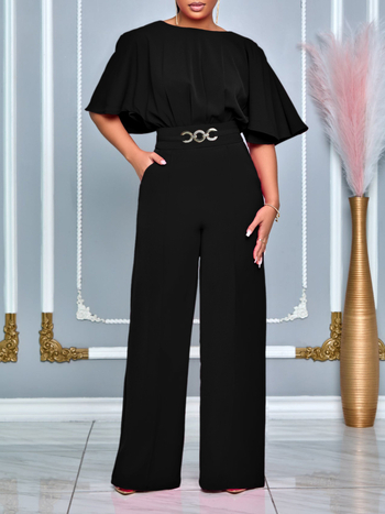 D3276 Női nyári divatos kerek nyakú, egyszínű, magas derekú, bő szárú, plus size nadrág