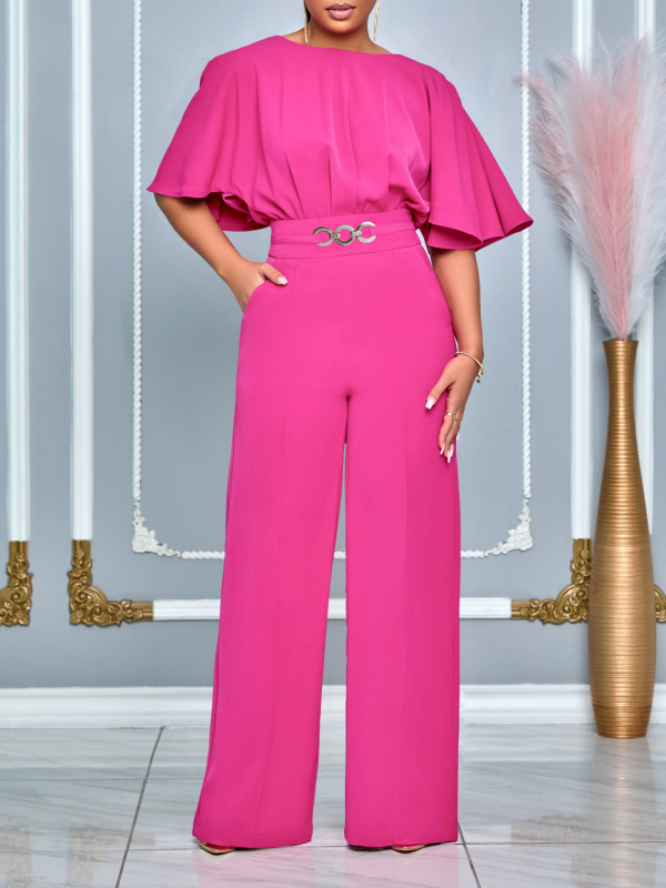 D3276 Női nyári divatos kerek nyakú, egyszínű, magas derekú, bő szárú, plus size nadrág