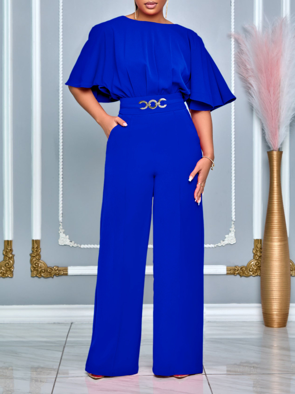 D3276 Női nyári divatos kerek nyakú, egyszínű, magas derekú, bő szárú, plus size nadrág