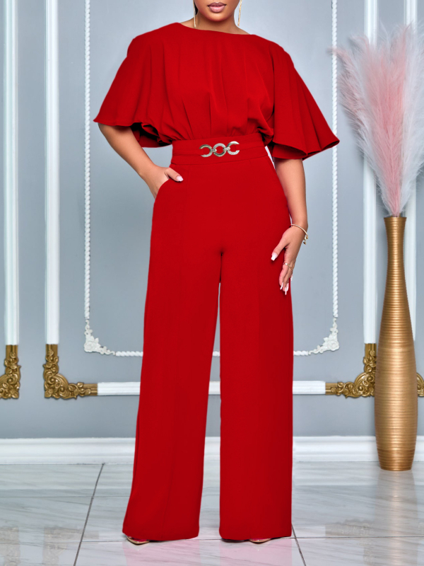 D3276 Női nyári divatos kerek nyakú, egyszínű, magas derekú, bő szárú, plus size nadrág