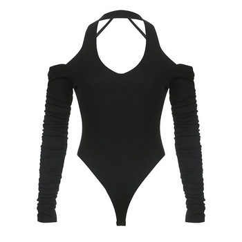 Σέξι γυναικεία ολόσωμη φόρμα με μακριά μανίκια και μακριά μανίκια, με κλειστούς ώμους και ντεκολτέ, σε niche design.