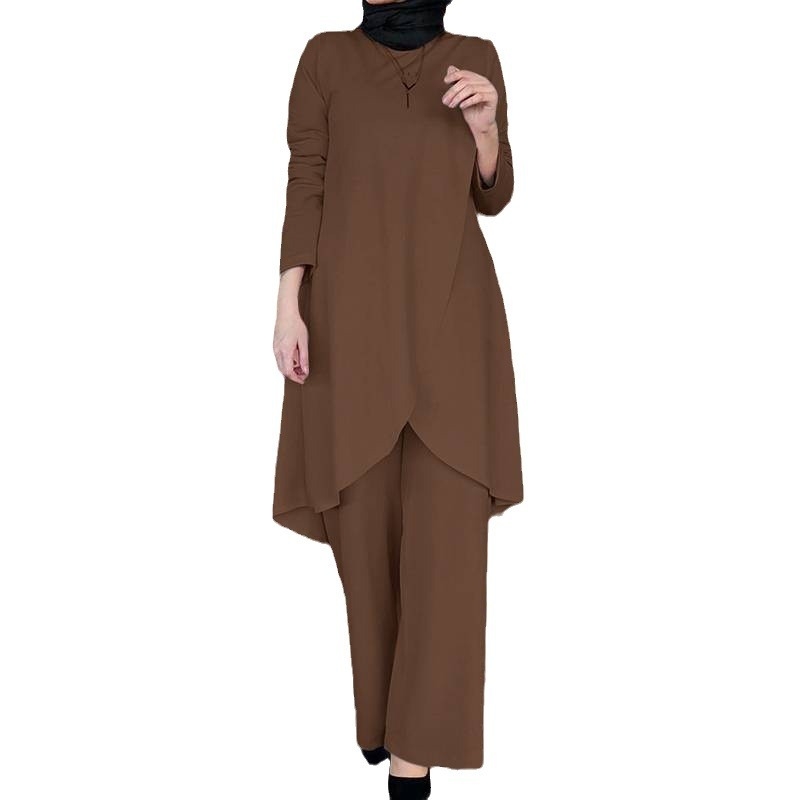 Muszlim női ruházat Közel-Kelet határokon átnyúló tavaszi és őszi új egyszínű kerek nyakú pulóver középhosszú nadrág divatos kétrészes kosztüm