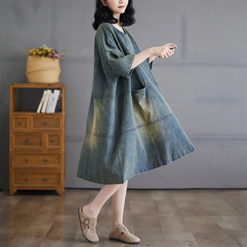 Vintage mosott, kopott patchwork farmer ruha nőknek, plus size laza szabású, hízelgő, karcsúsító, elegáns lenge ruha