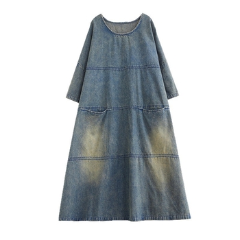 Vintage mosott, kopott patchwork farmer ruha nőknek, plus size laza szabású, hízelgő, karcsúsító, elegáns lenge ruha