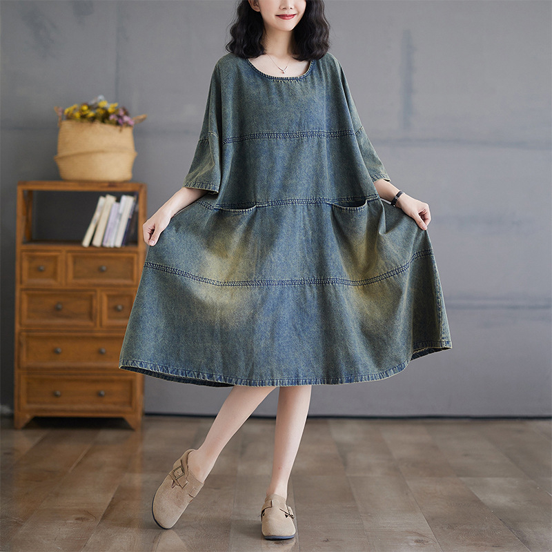 Vintage mosott, kopott patchwork farmer ruha nőknek, plus size laza szabású, hízelgő, karcsúsító, elegáns lenge ruha