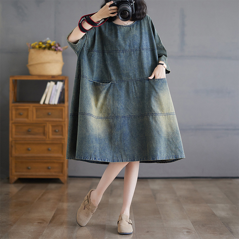 Vintage mosott, kopott patchwork farmer ruha nőknek, plus size laza szabású, hízelgő, karcsúsító, elegáns lenge ruha