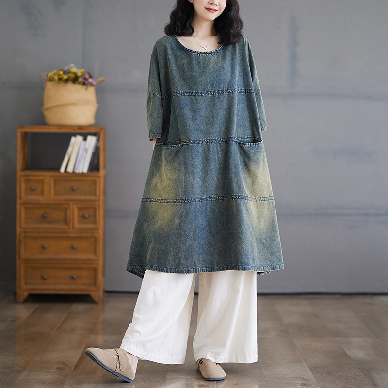 Vintage mosott, kopott patchwork farmer ruha nőknek, plus size laza szabású, hízelgő, karcsúsító, elegáns lenge ruha