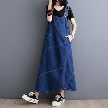 2025-ös laza és divatos koreai stílusú, középhosszú, plus size ruha az életkor csökkentésére és a karcsúsító megjelenésért. Farmer nadrágtartós szoknya.