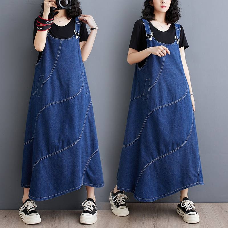 2025-ös laza és divatos koreai stílusú, középhosszú, plus size ruha az életkor csökkentésére és a karcsúsító megjelenésért. Farmer nadrágtartós szoknya.