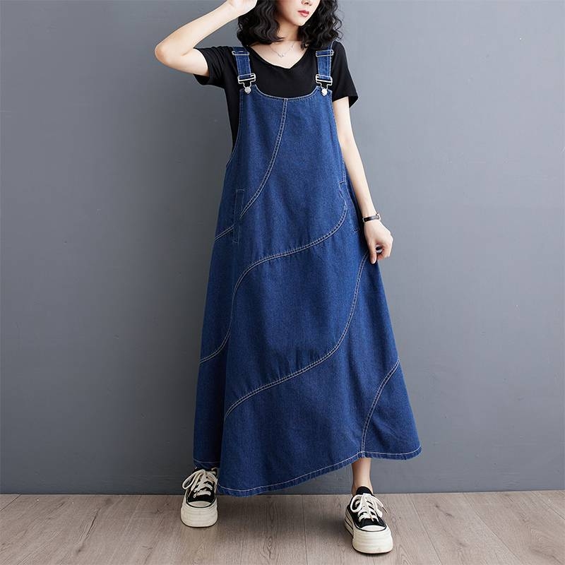 2025-ös laza és divatos koreai stílusú, középhosszú, plus size ruha az életkor csökkentésére és a karcsúsító megjelenésért. Farmer nadrágtartós szoknya.