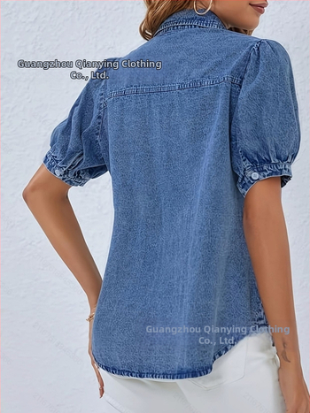 Универсален дънков топ с тънък буфан ръкав и ревер за трансграничен износ, Ebay, Amazon, нова тенденция за ежедневна риза