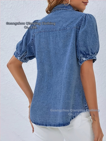 Универсален дънков топ с тънък буфан ръкав и ревер за трансграничен износ, Ebay, Amazon, нова тенденция за ежедневна риза