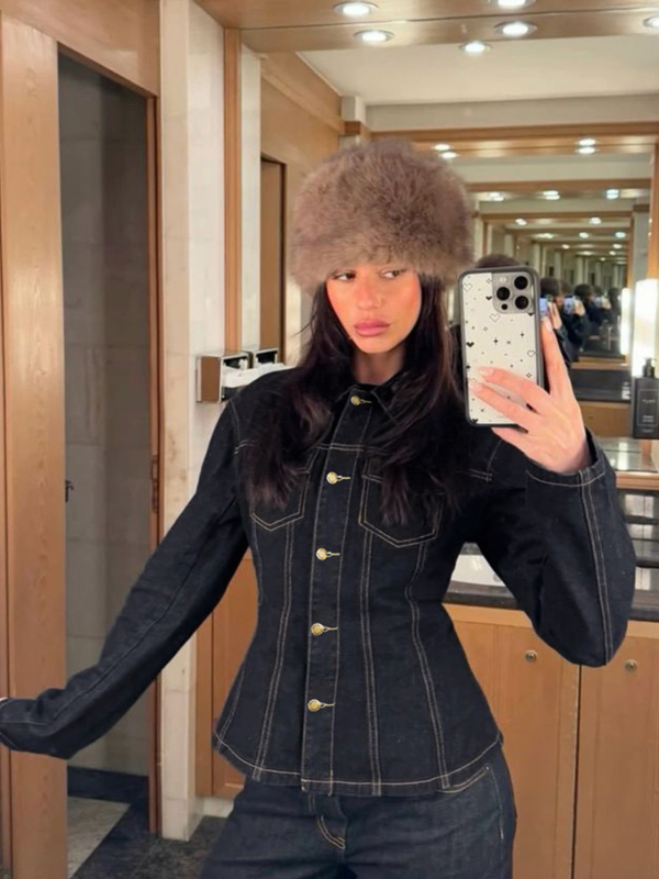 Amerikai retró, mosott farmer ingdzseki osztott varrásokkal és derékvonallal, hosszú ujjú, lezser női felső