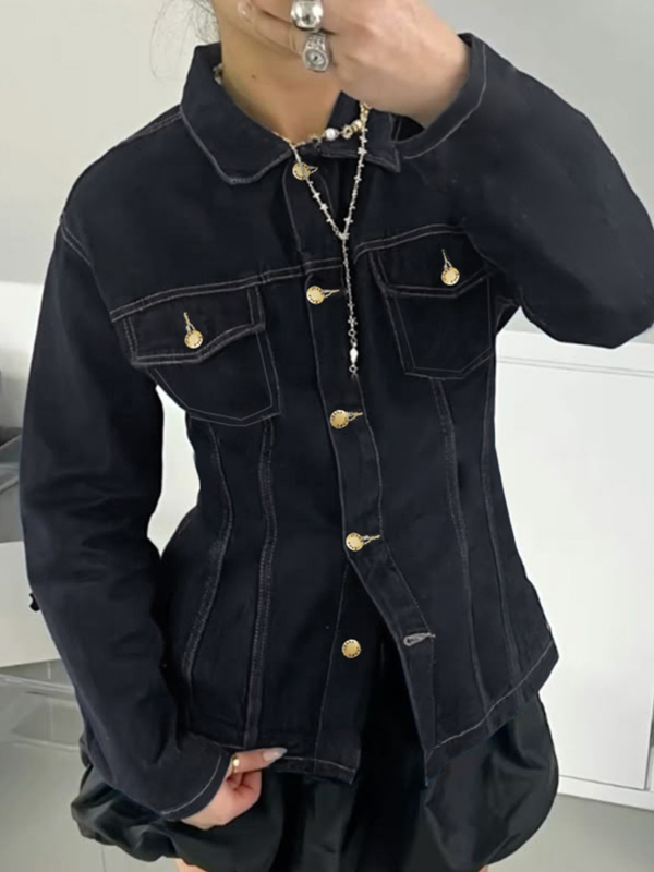 Amerikai retró, mosott farmer ingdzseki osztott varrásokkal és derékvonallal, hosszú ujjú, lezser női felső