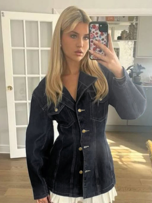 Amerikai retró, mosott farmer ingdzseki osztott varrásokkal és derékvonallal, hosszú ujjú, lezser női felső