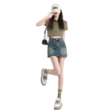 Αμερικανική ρετρό τζιν κοντή φούστα για γυναίκες το καλοκαίρι, λεπτή και σέξι φούστα με στενό ισχίο για κορίτσια, κοντή φούστα με ψηλή μέση