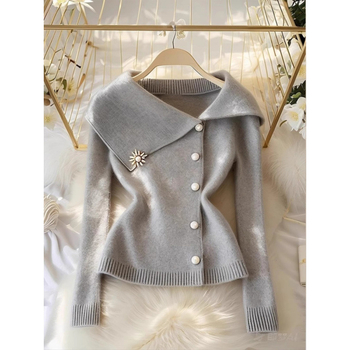 Koreai stílusú szürke, nagy hajtókás kötött kardigán, női 2024 őszi új, laza fazonú, csinos, mindenhez illő felső.