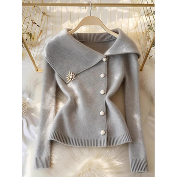 Koreai stílusú szürke, nagy hajtókás kötött kardigán, női 2024 őszi új, laza fazonú, csinos, mindenhez illő felső.