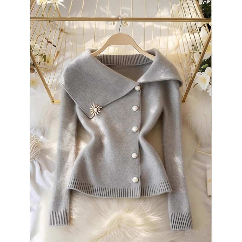 Koreai stílusú szürke, nagy hajtókás kötött kardigán, női 2024 őszi új, laza fazonú, csinos, mindenhez illő felső.