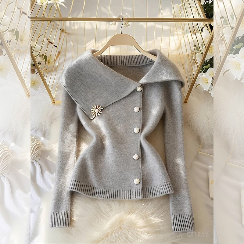 Koreai stílusú szürke, nagy hajtókás kötött kardigán, női 2024 őszi új, laza fazonú, csinos, mindenhez illő felső.