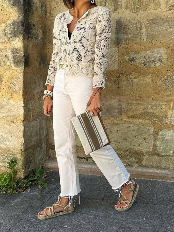 2025-ös, határokon átnyúló európai és amerikai őszi és téli új divatos, üreges, hosszú ujjú felső, egyszínű, gouhua elegáns utcai felső