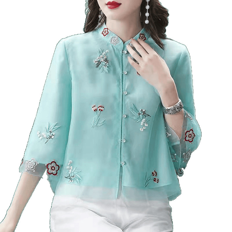 Tradicionālie ķīniešu sieviešu topi Vasaras retro stils Hanfu Ķīnas Republikas stils Sieviešu mākslinieciskais ikdienas brīvais ķīniešu stila dzena apģērbs Sieviešu dzena stils