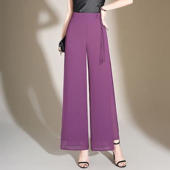 Елегантни шифонени панталони с широки крачоли за жени 2024 Лято нови свободни драпиращи се елегантни прави панталони с висока талия и разделяне
