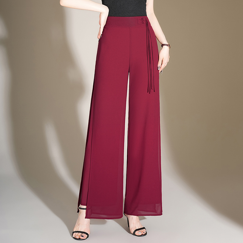 Elegáns, bő szárú sifon nadrág nőknek 2024 Nyári új, bő drapériájú, magas derekú, elegáns, egyenes szabású, hasított nadrág nőknek