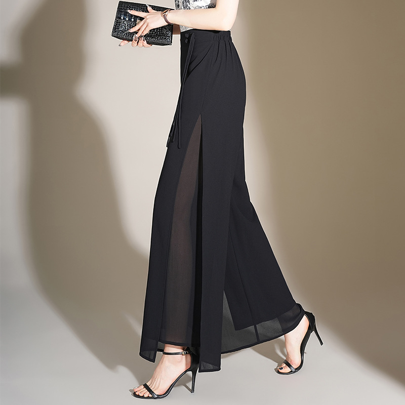 Elegáns, bő szárú sifon nadrág nőknek 2024 Nyári új, bő drapériájú, magas derekú, elegáns, egyenes szabású, hasított nadrág nőknek