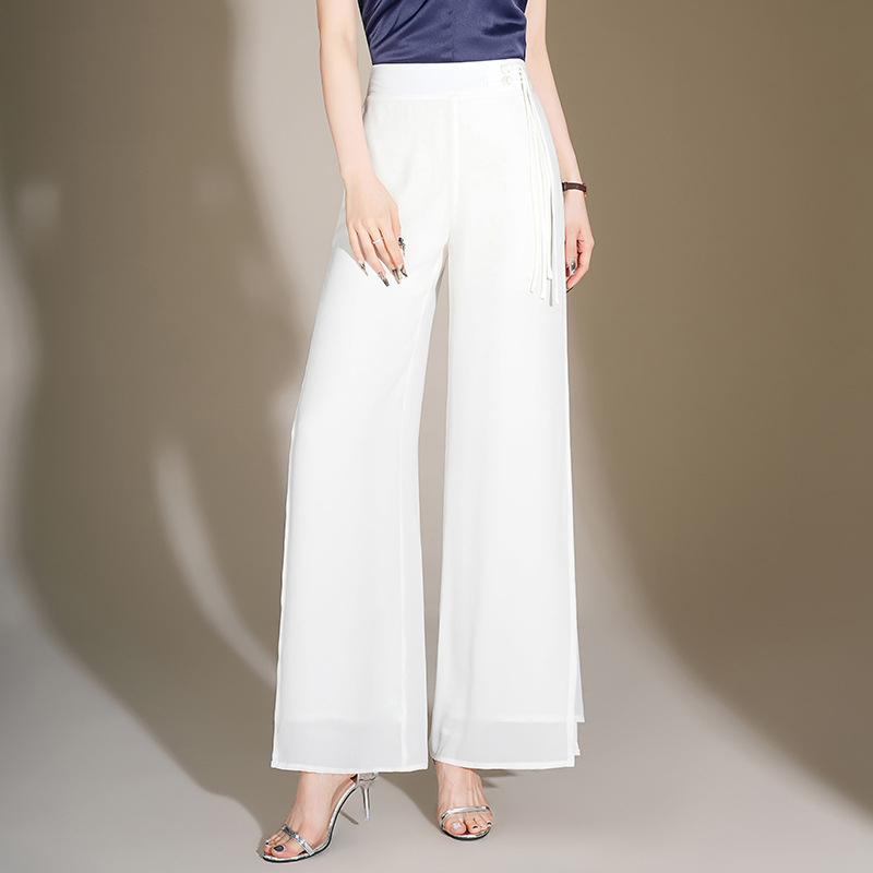 Elegáns, bő szárú sifon nadrág nőknek 2024 Nyári új, bő drapériájú, magas derekú, elegáns, egyenes szabású, hasított nadrág nőknek