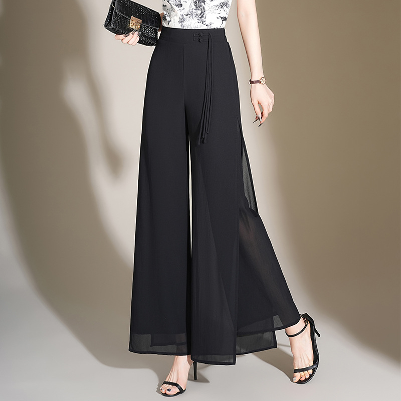Elegáns, bő szárú sifon nadrág nőknek 2024 Nyári új, bő drapériájú, magas derekú, elegáns, egyenes szabású, hasított nadrág nőknek