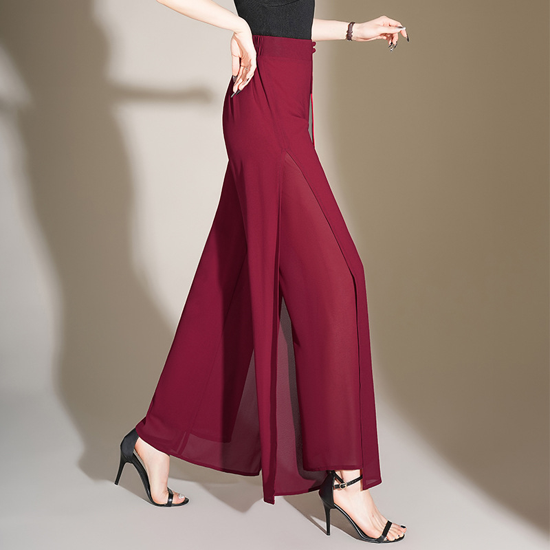 Elegáns, bő szárú sifon nadrág nőknek 2024 Nyári új, bő drapériájú, magas derekú, elegáns, egyenes szabású, hasított nadrág nőknek